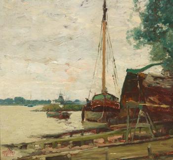 A Dutch landscape with barges; A Dutch polder landscape by 
																	Henry Ward Ranger