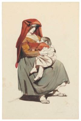 Seated Woman in Roman Dress Nursing a Child (1); Standing man shown from behind (2) by 
																	Pierre Louis Dubourcq