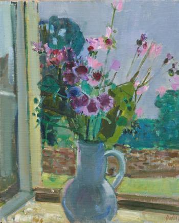 Blumenstrauss In Vase Vor Offenem Fenster by 
																	Rudolf Zender