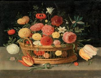 Corbeille de fleurs sur un entablement by 
																			 Pseudo van Kessel