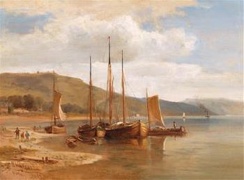 Ships on the Rhine Riverbank at Lorch by 
																			Ludwig Halauska