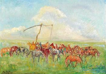 Pußtalandschaft mit Pferden by 
																			Rudolf Raimund Ballabene