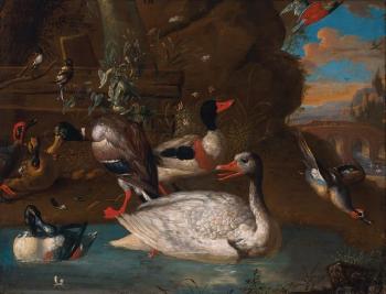 A Norwegian White Goose with Ducks and other Birds in an Italianate Landscape by 
																	Adriaen van Oolen