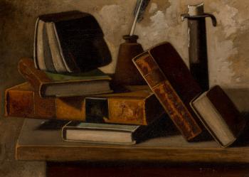 Still Life with Books, Inkpot, and Candlestick by 
																			John F Peto