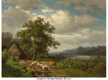 A wooded landscape with a drover and livestock on a track (collab. with Eugène Verboeckhoven) by 
																			Alexander Joseph Daiwaille