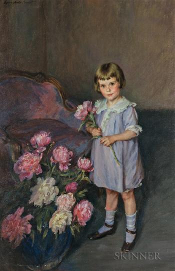 Portrait of a Child Arranging Peonies by 
																	Lydia Field Emmet