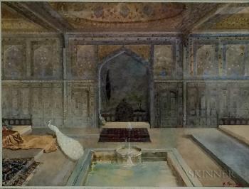 Orientalist Interior with Pool, Fountain, and White Peacock by 
																	Yetvart Tersian