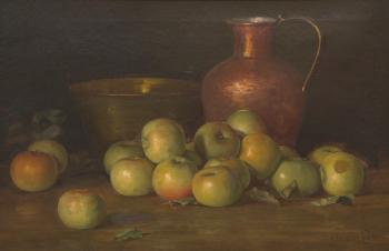 Still life with green apples and copper vessels by 
																			Adam Lehr