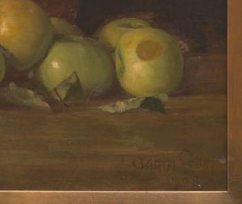 Still life with green apples and copper vessels by 
																			Adam Lehr