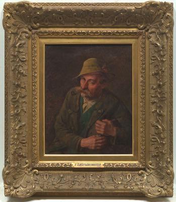 Portrait of a gent with a pipe and a feather cap by 
																			Hugo Kotschenreiter