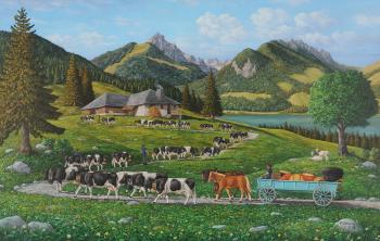 Cattle Drive with View on Lac de Gruyère by 
																	Francis Oberson