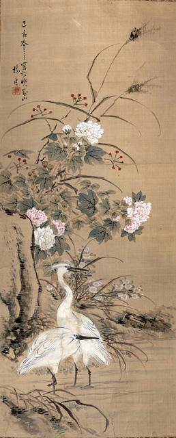 Darstellung Von Zwei Weißen Reihern Vor Blühenden Päonien by 
																	Yamamoto Baiitsu