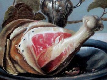 Nature morte à la tazza, pichet de grès, jambon, römer, pommes, raisin et pain sur une assiette en étain by 
																			 Monogrammist J V O H