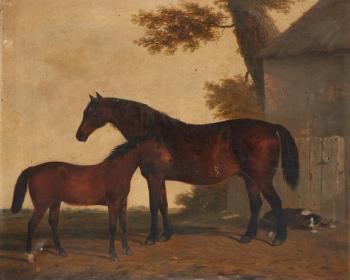 A Mare and Foal By a Barn by 
																	George B Newmarch