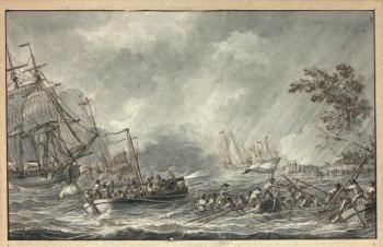 Les préparatifs dans une cour de caserne; Le naufrage pendant une bataille navale by 
																			Dirk Langendyk