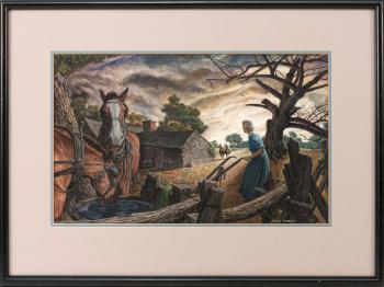 A Woman and Horses Outside A Farmhouse With Approaching Riders and Storm Clouds by 
																	Paul Rabut