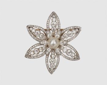 Platinum, 18K Gold, Diamond, and Natural Pearl Brooch by 
																			 J E Caldwell & Co