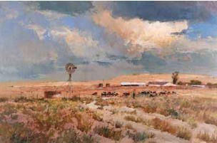 Karoo Landscape With Windpump And Cattle Grazing by 
																	Christopher Tugwell