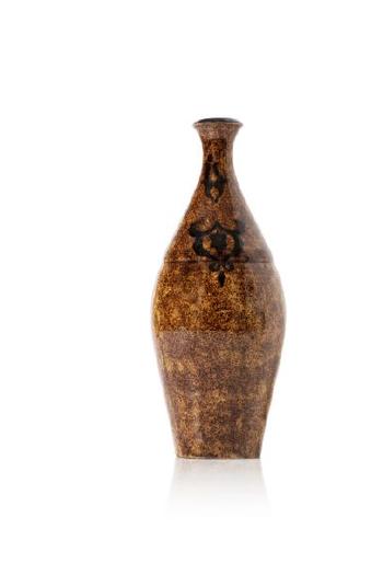 Vase bouteille de forme ovoïde à col resserré en grés émaillé ocre à décor de motifs géométriques noirs by 
																	Fernand Rumebe
