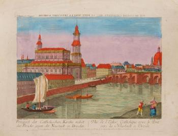 Prospect der Catholischen Kirche nebst der Brücke gegen der Neustadt in Dresden by 
																	Johann Christoph Nabholz