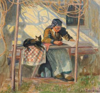 Lesende alte Frau vor dem Haus by 
																			Sixtus von Dzbanski