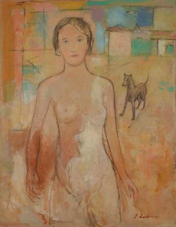 Jeune femme nue et chien by 
																	Emile Lahner