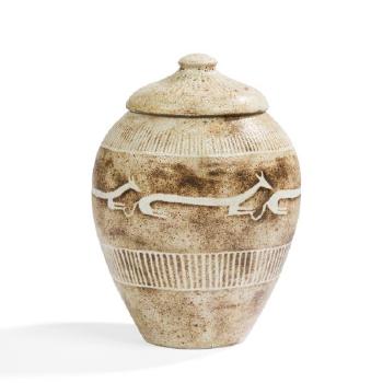 Frise d’animaux oniriques et bâtonnets Rare pot couvert traité dans le goût Antique; la base ovoïde, le couvercle à prise bouton by 
																	Fernand Rumebe