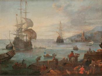 Déchargement de marchandise dans un port by 
																	Adrian van der Cabel
