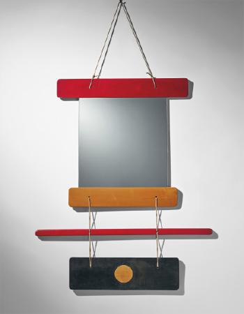 Composizione di elementi di legno colorato e specchio, il tutto unito da funi di canapa, designed for Galleria Arform, Milan by 
																	Ettore Sottsass