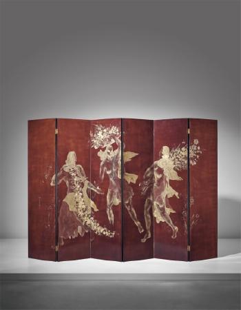 Important and rare six-panelled screen with mythological scene by 
																	Katsu Hamanaka
