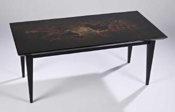 Table basse en bois à plateau rectangulaire débordant recouvert de laque marron moirée sur piètement d’angle en retrait en bois noirci à jambes fuselées by 
																	Bernard Dunand