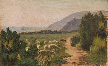 Quercianella, gregge al pascolo lungo un sentiero; Gregge al pascolo nei pressi di un casolare di campagna by 
																	Giovanni Malesci