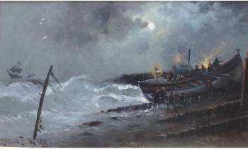 Launching a Lifeboat at Night by 
																	Charles John de Lacy