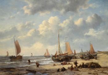 Fishing Boats On Scheveningen Beach by 
																	George Willem Opdenhoff