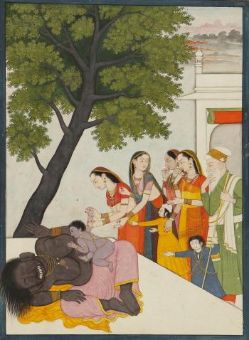 An Illustration To The Bhagavata Purana: The Infant Krishna Slays The Demoness Putana India, Guler by 
																	 Nainsukh of Guler