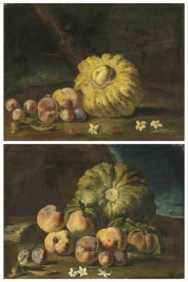 Melons, Peaches and Plums; and A Melon, Peaches, Plums and Cherries, on a Forest Floor by 
																	Michele di Campidoglio