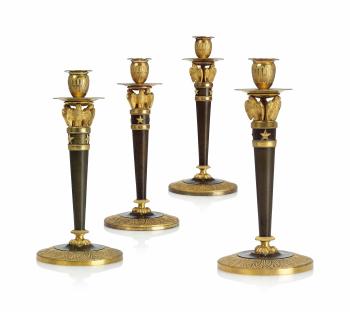A Set of Four Empire Ormolu and Patinated-bronze Candelsticks by 
																	Claude Galle