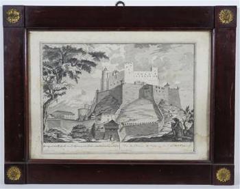 Stecher Ansicht der Festung Hohensalzburg, mit Sitzfigur des Künstlers rechts by 
																			Franz Anton Danreiter