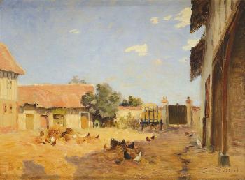 Poules dans une cour de ferme by 
																	Ernest Baillet
