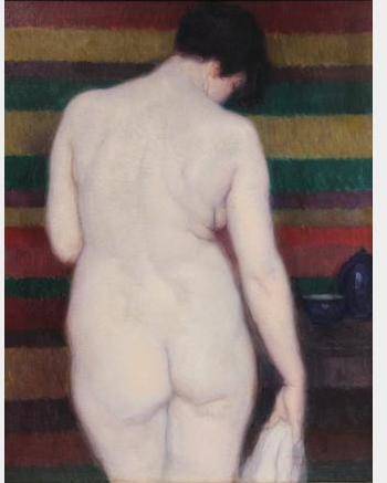 Nude du Dos with striped towel by 
																			Gaston Jarry