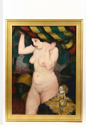 Nude with Doll Under Striped Awning by 
																			Gaston Jarry