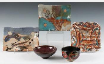 Five Pieces Of Contemporary Art Pottery By Makoto Yabe (1) Rectangular Stoneware Plate (2) Rectangular Stoneware Plate (3) Square Plate With Scalloped Rim, (4) Bowl With Copper Red Over Blue Glaze, (5) Stoneware Bowl 
 by 
																			Makoto Yabe