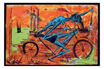 Blue Demon Like Figure Riding a Bike Holding a Head in a Surreal Landscape by 
																			Rick Prol