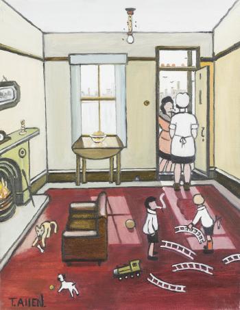 House interior with children playing with a train set and two women talking at the door by 
																	Terry Allen