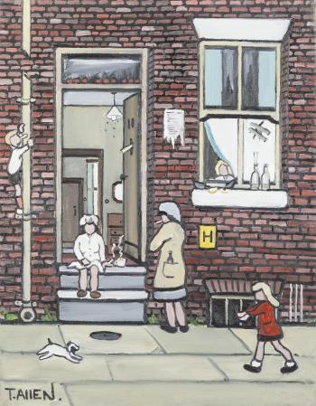 Door step scene with two women talking and children playing by 
																	Terry Allen