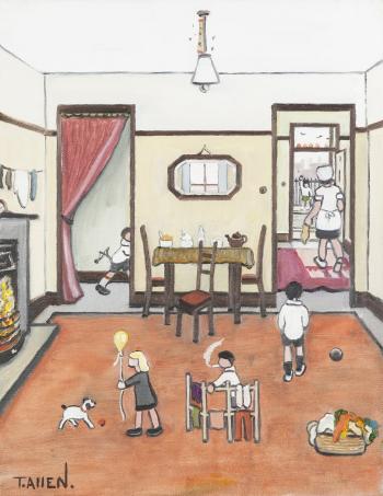 House interior with children playing and a women at the door by 
																	Terry Allen