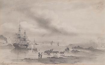 Sailing Ship Unloading In Harbour Shallows by 
																	Louis-Auguste de Sainson