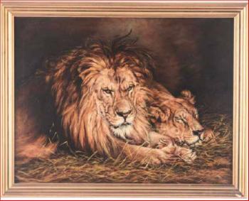 Resting lion and lioness by 
																	Geza Vastagh