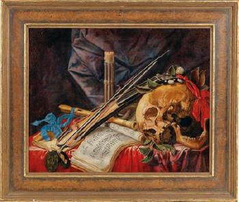 A Vanitas still life with a viol, a clarinet, a skull, a sheet of music and a candle by 
																			Simon Renard de Saint-Andre