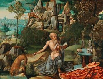 Saint Jerome in the Wilderness by 
																			Joachim Patenier